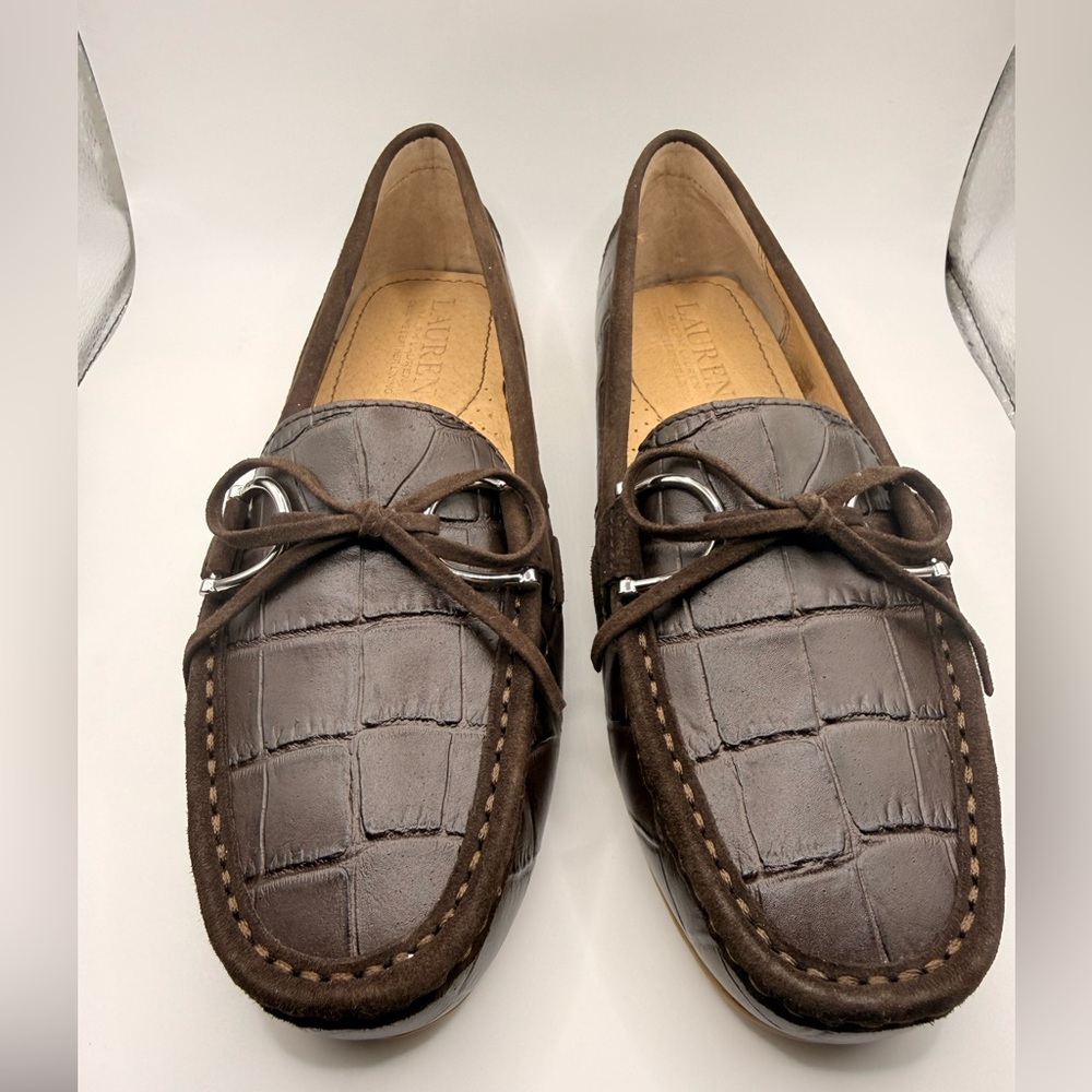 Ralph Lauren Brown Croc Embossed Leather Driving Loafers Classic Quiet Luxury
